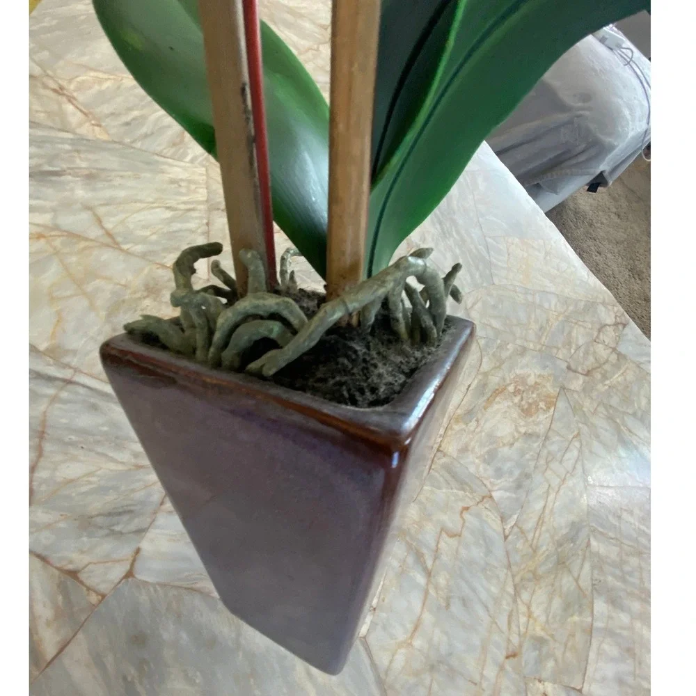 Faux White Orchid Arrangement in Iridescent Purple Ceramic Vase 22 Inch Floral